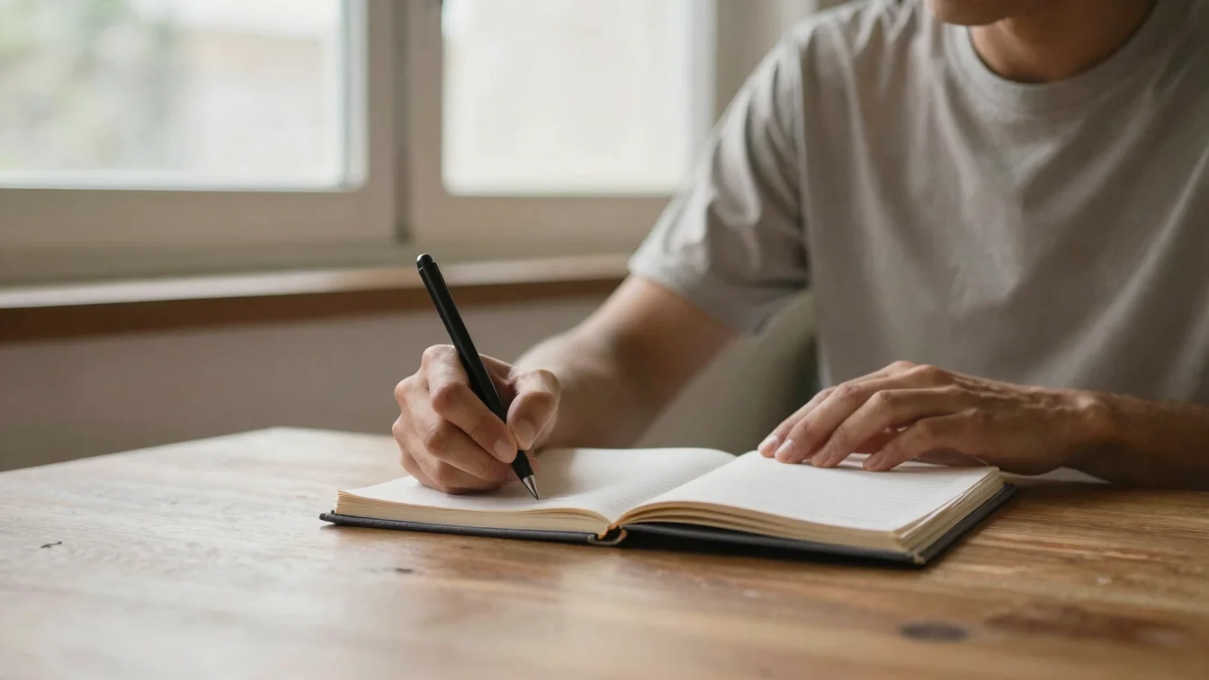 Pessoa escrevendo em um caderno de planilha à mão sobre uma mesa de madeira, luz de janela suave, atmosfera serena, enqu