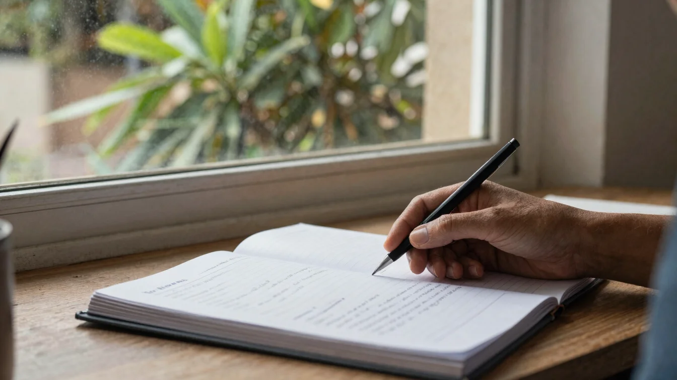 Duas mãos folheando um caderno com anotações de metas em um interior urbano simples, luz natural difusa, vegetação ao fu