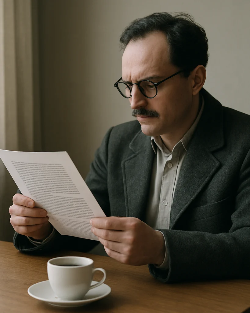 Pessoa lendo um texto impresso ao lado de uma xícara de café, luz