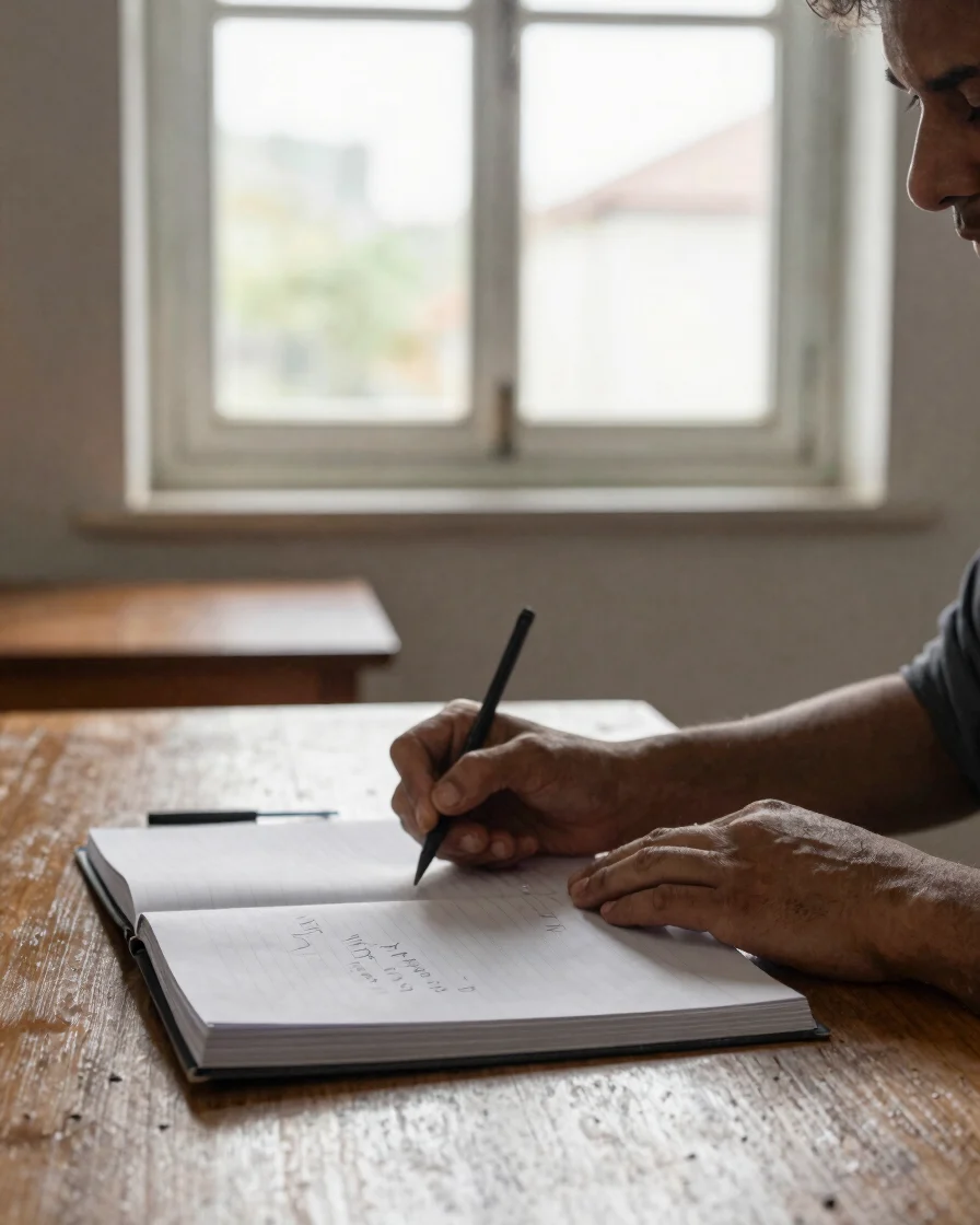 Close em mãos que folheiam um caderno com anotações a lápis sobre uma mesa de madeira, luz natural suave vinda de uma ja