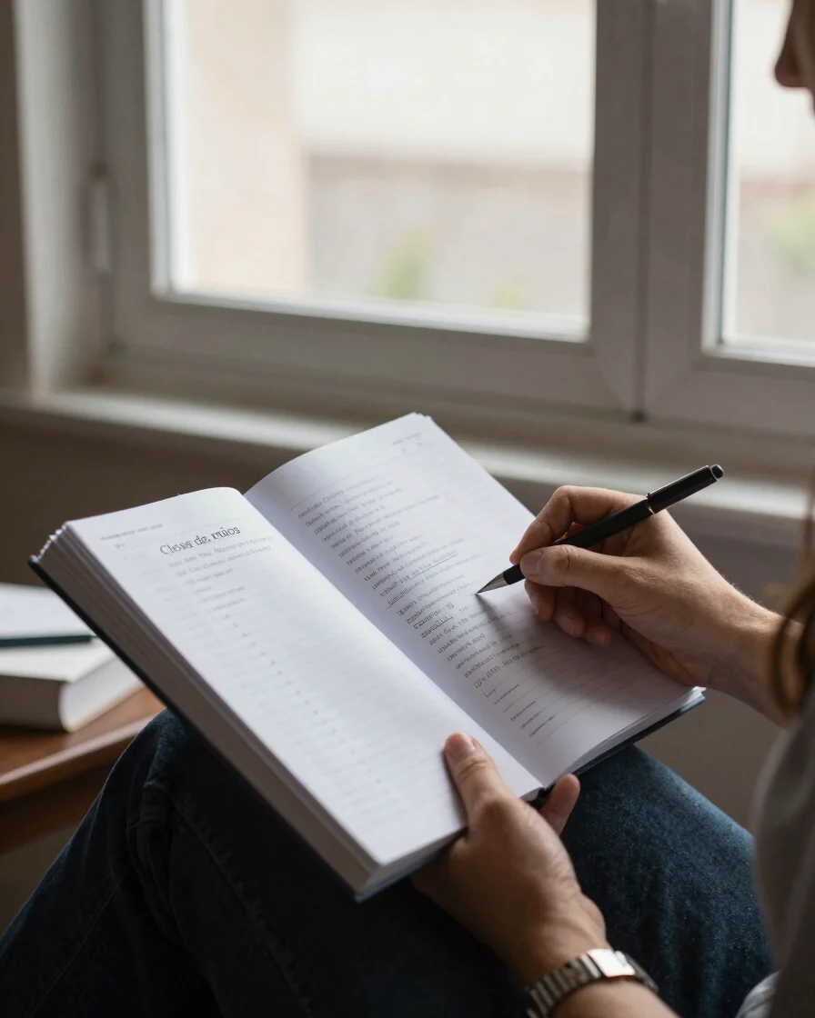 Close de mãos segurando um caderno aberto com anotações manuscrit